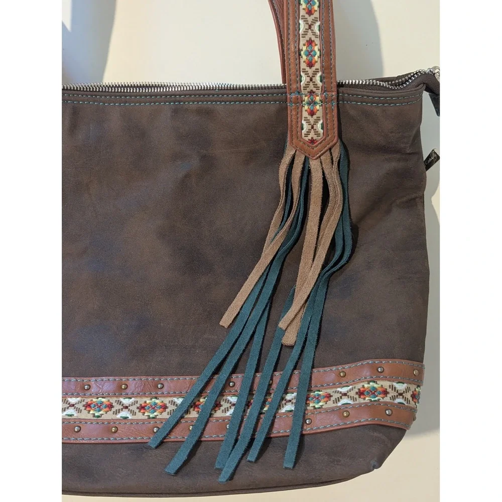 Catchfly Western Boho Faux Suede Tote Bag Brown Turquoise Fringe Embroidered